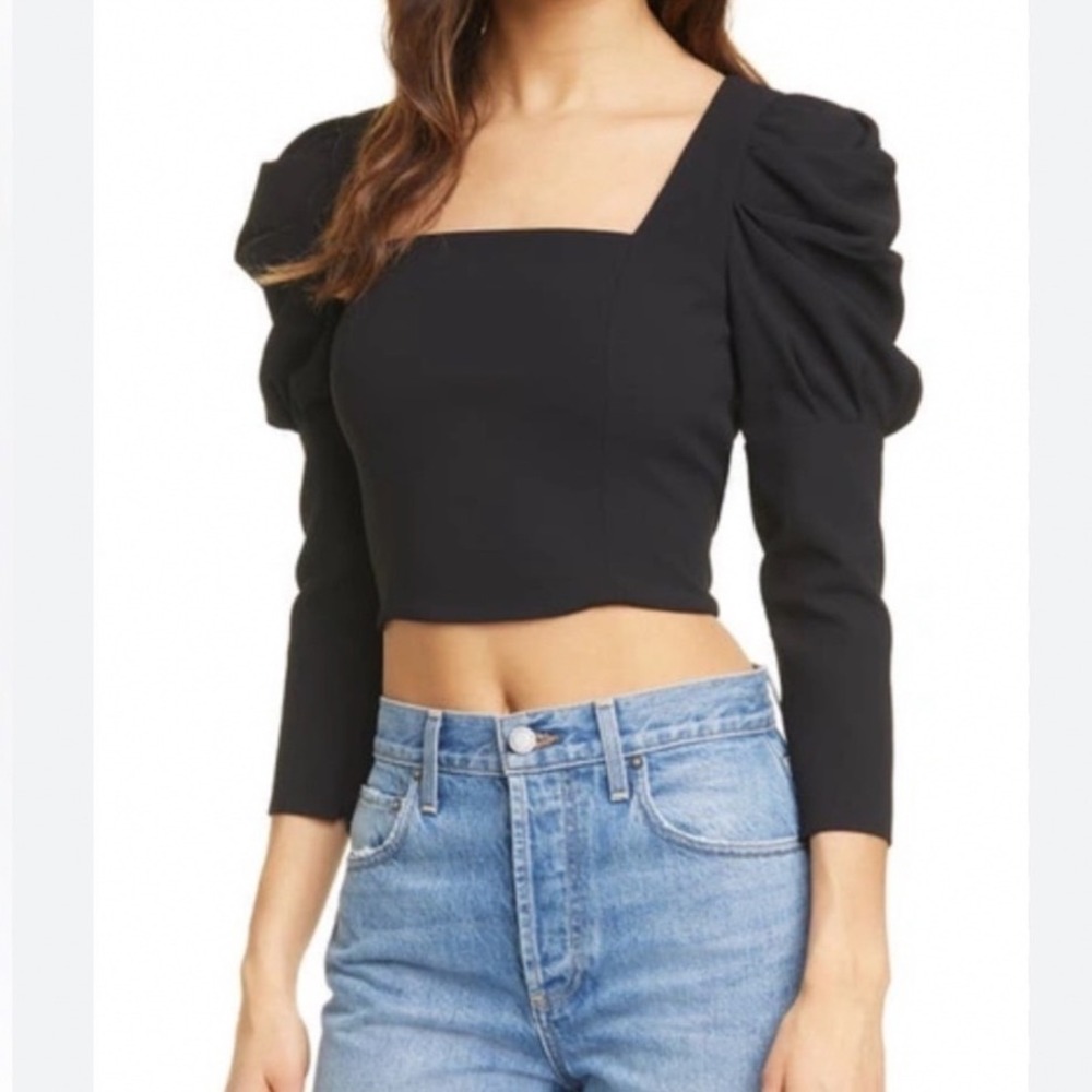 Alice + Olivia Black Square Neck Puff Sleeve Crop Top cocktail fitted Size 2 XS